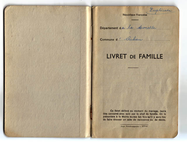 Duplicata (français) du livret des époux SADLER Jacques – SCHALLER Cécile