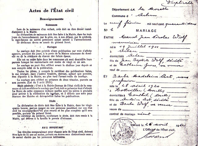 Livret des époux WOLF Marcel – AST Barbe, mariés le 9.2.1942 à Achen